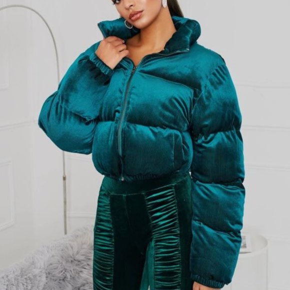 POCKETED VELVET PUFFER JACKET - EMERALD GREEN - Picture 3 of 5